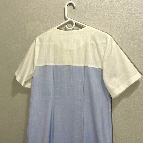 Vintage 80s ILGWU Manikin Woven Charleston Blue & White Pleated Trim Dress - Picture 10 of 13